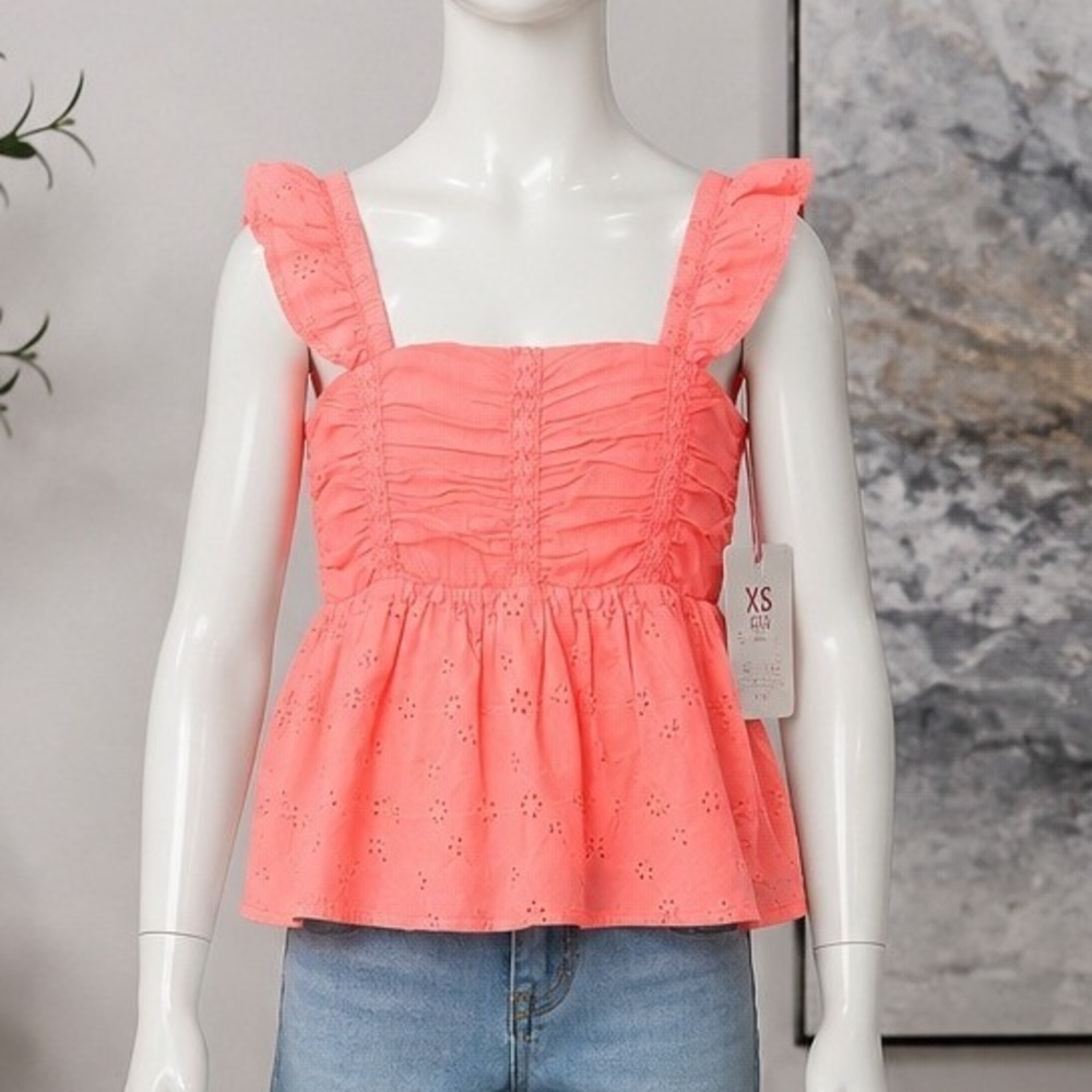 Justice Girls Babydoll Top Coral Eyelet Ruffle Straps XS 5/6
